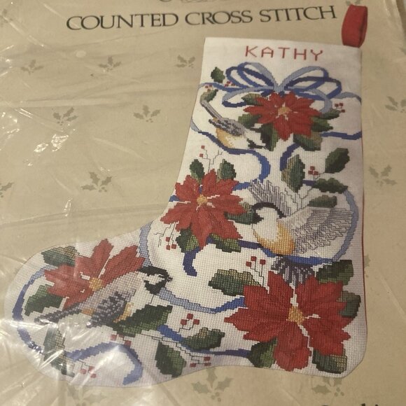 VTG Something Special Chickadees & Poinsettias Christmas Stocking Cross Stitch - Picture 3 of 4